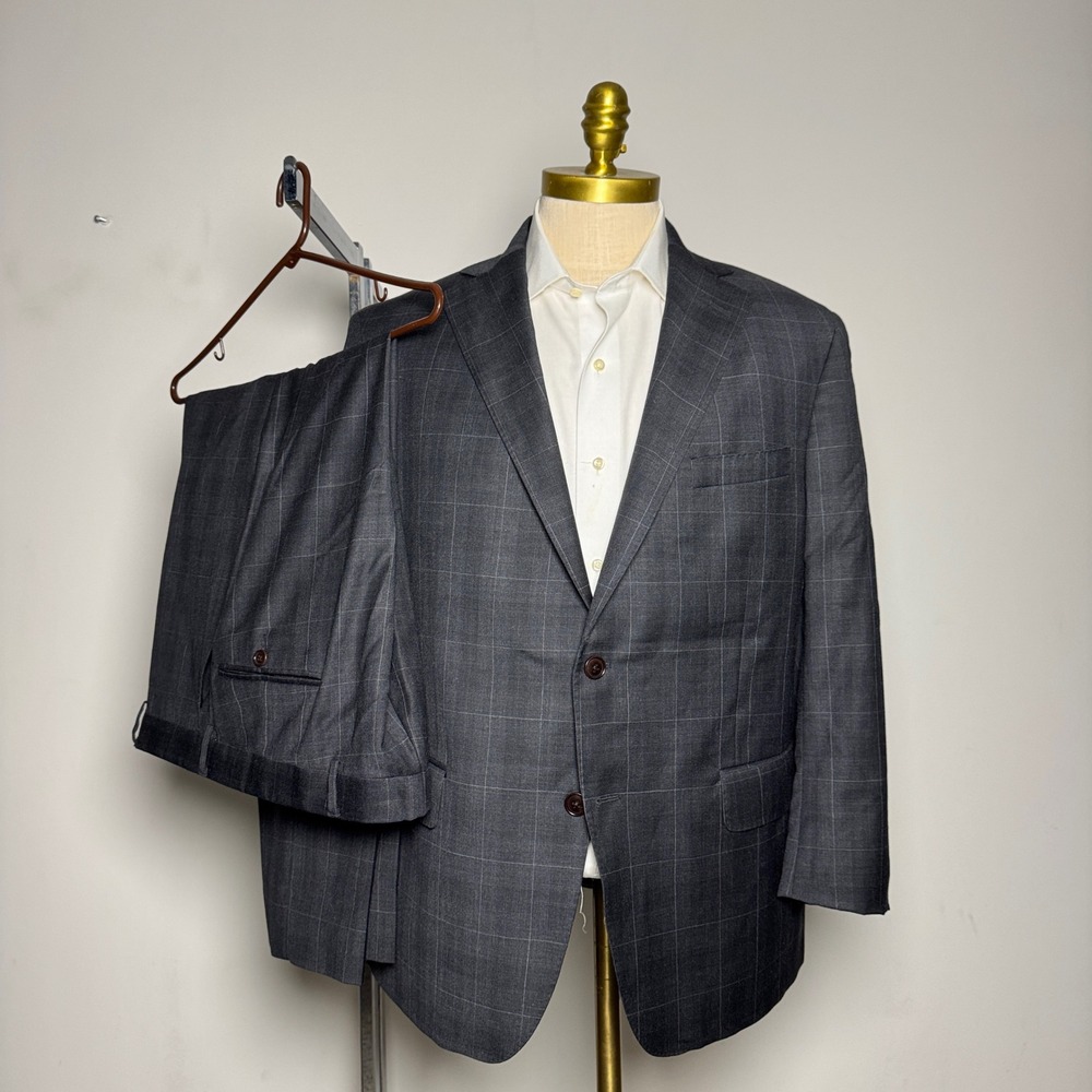 Hardwick Modern Mens Suit 44S 38W 2 Piece Wool Charcoal Plaid‎ Check
